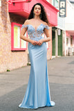 Sky Blue Off The Shoulder Mermaid Corset Floral Long Ball Dress with 3D Flowers
