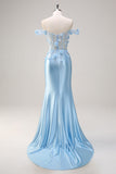 Sky Blue Off The Shoulder Mermaid Corset Floral Long Ball Dress with 3D Flowers