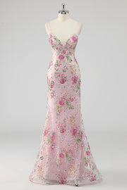 Floral Mermaid Sequin Pink Appliqued Prom Dress