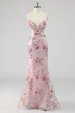 Floral Mermaid Sequin Pink Appliqued Prom Dress