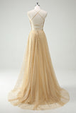 A Line Gold Sequin Spaghetti Straps Ball Dress With Slit