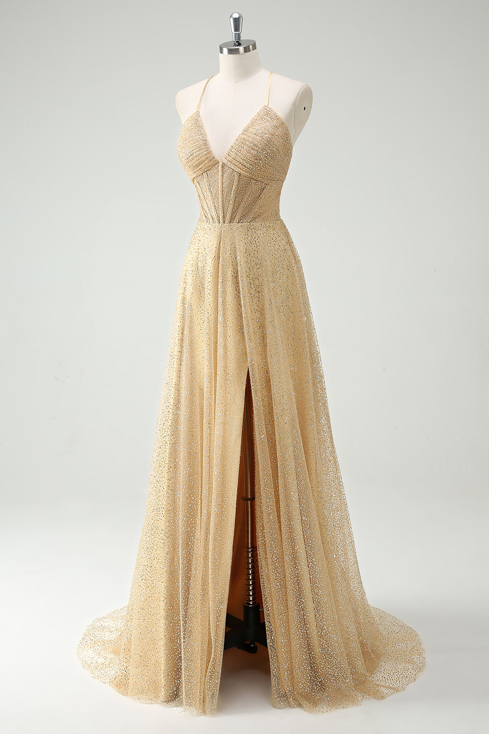 A Line Gold Sequin Spaghetti Straps Ball Dress With Slit