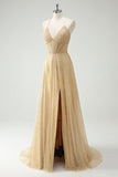 A Line Gold Sequin Spaghetti Straps Ball Dress With Slit