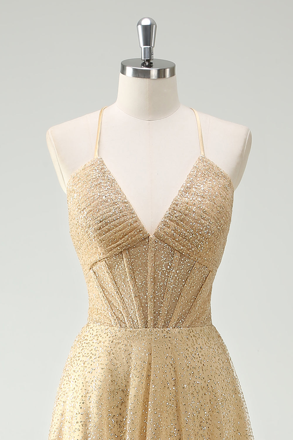 A Line Gold Sequin Spaghetti Straps Ball Dress With Slit