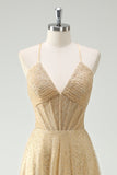 A Line Gold Sequin Spaghetti Straps Ball Dress With Slit