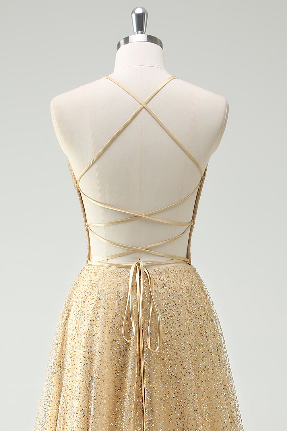 A Line Gold Sequin Spaghetti Straps Ball Dress With Slit