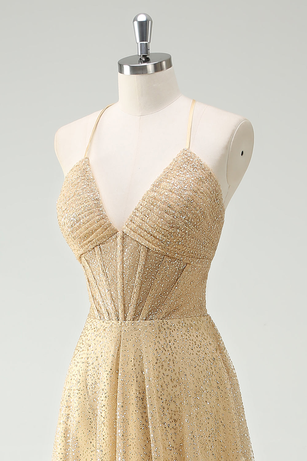 A Line Gold Sequin Spaghetti Straps Ball Dress With Slit
