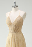 A Line Gold Sequin Spaghetti Straps Ball Dress With Slit