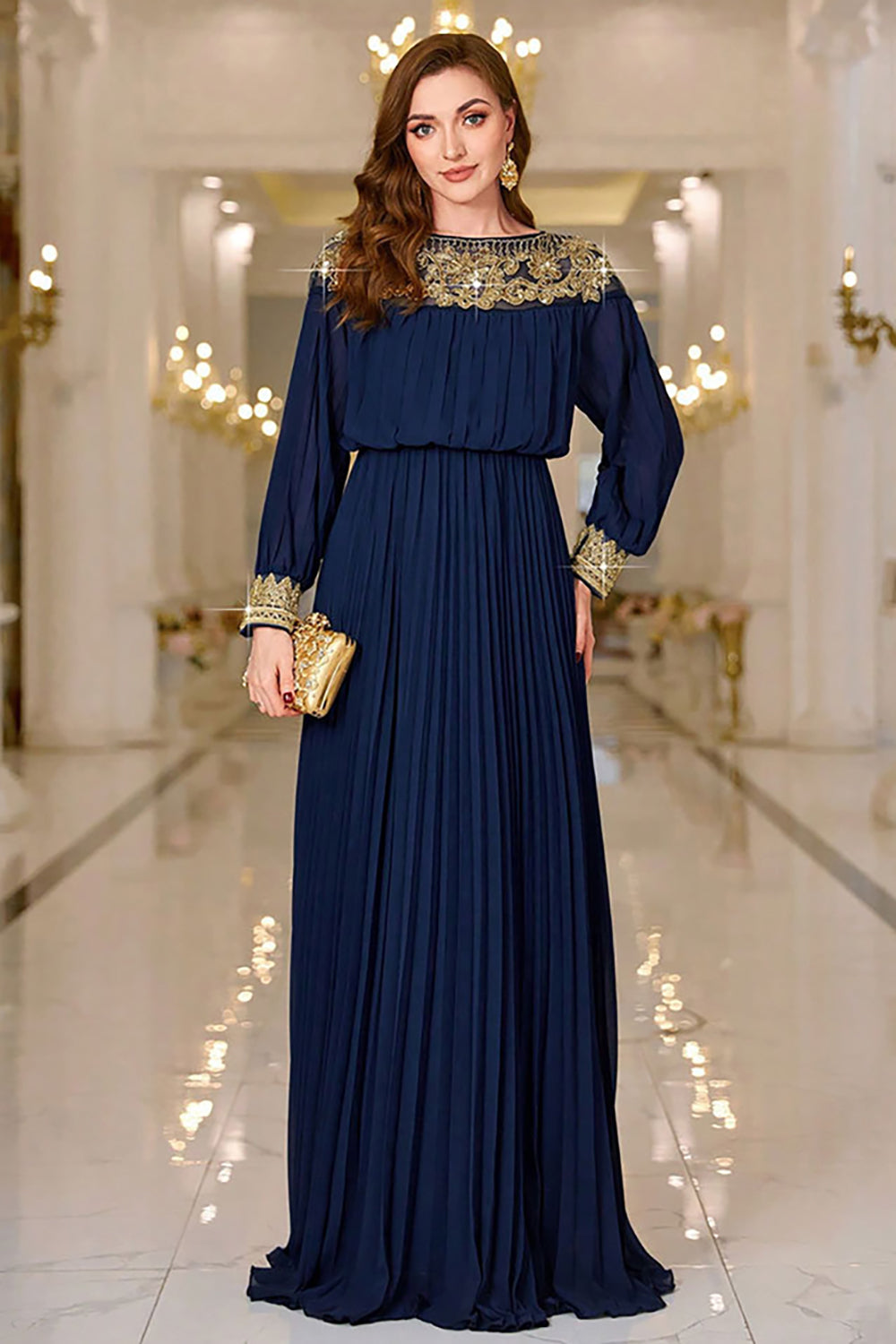 Navy Pleated A Line Boat Neck Long Ball Dress