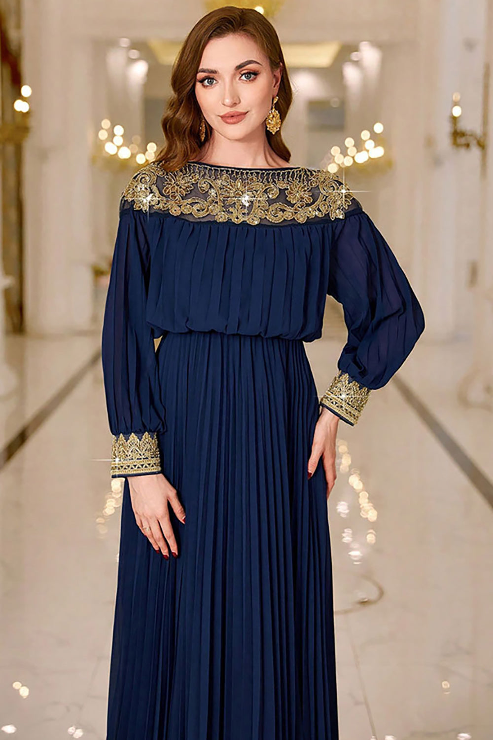 Navy Pleated A Line Boat Neck Long Ball Dress