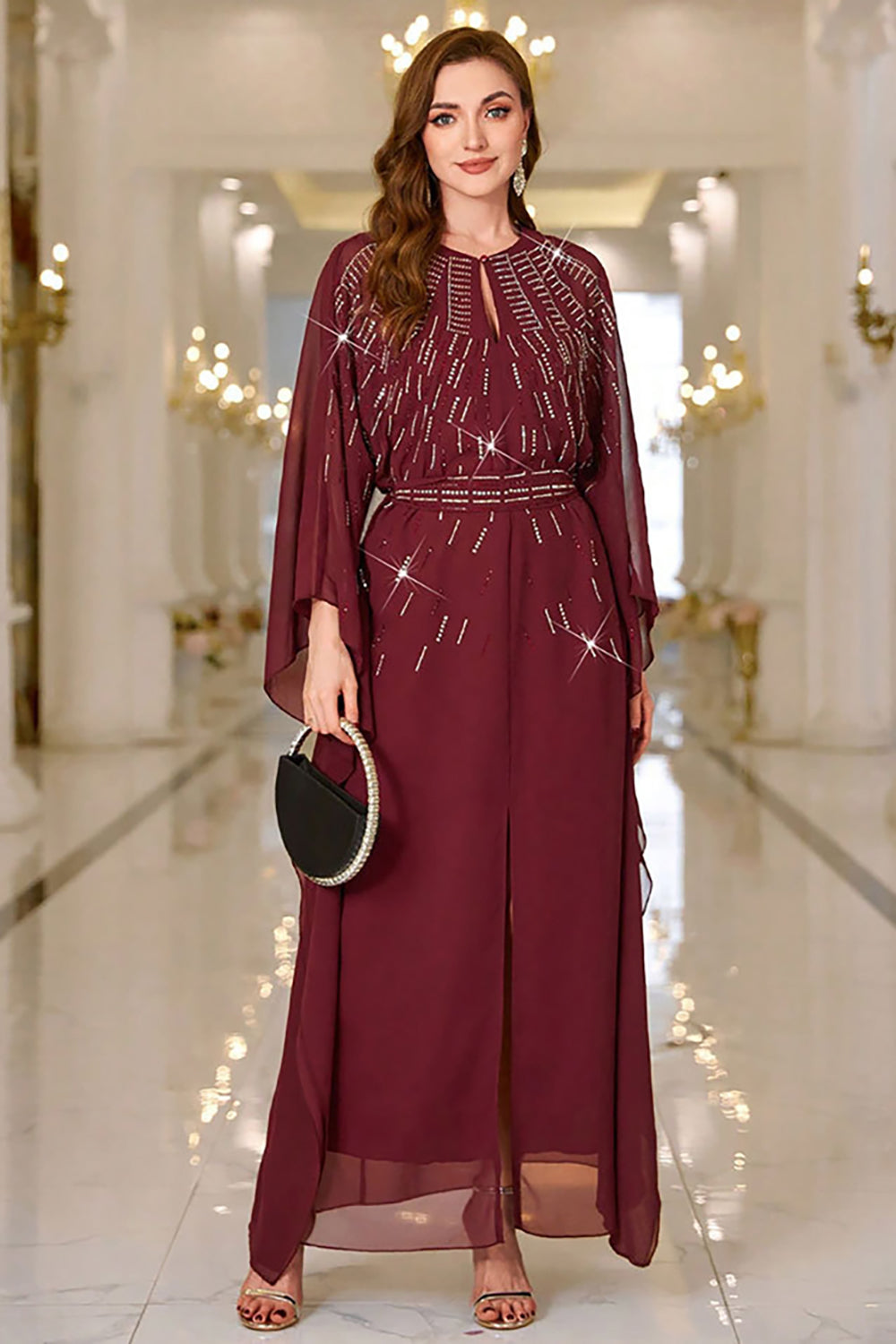 Sparkly Burgundy A Line Round Neck Long Sleeves Ball Dress
