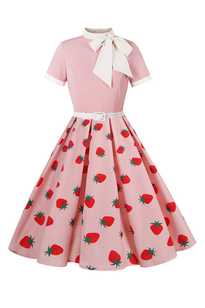 fitted lace wedding dress Zapaka Women A Line 1950s Dress with Short Sleeves Blush Strawberry Printed Vintage  Dress – ZAPAKA NZ