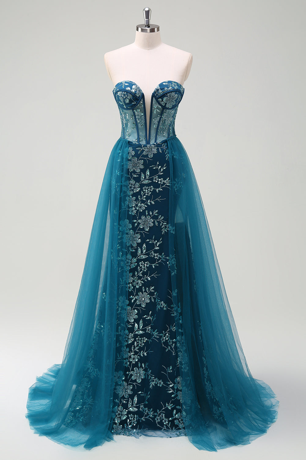 Peacock Blue Mermaid Streamer Strapless Corset Long Ball Dress with Slit