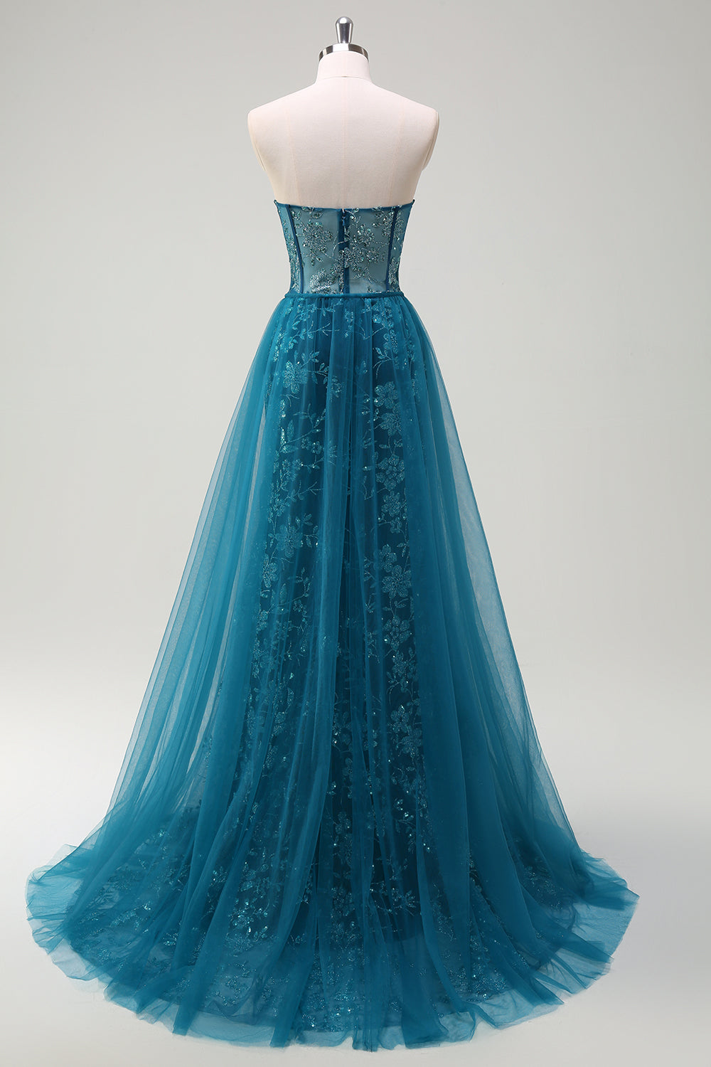 Peacock Blue Mermaid Streamer Strapless Corset Long Ball Dress with Slit