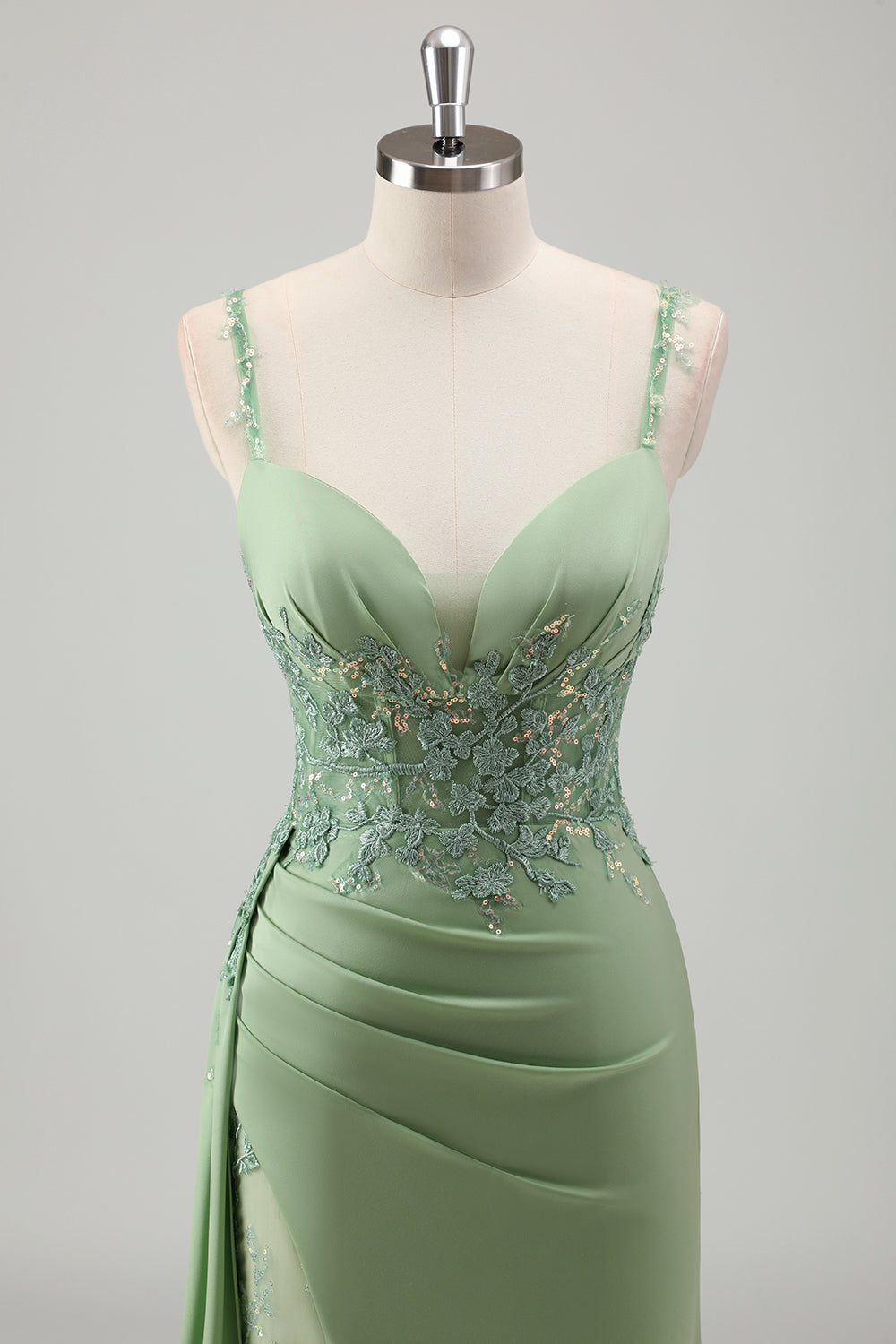 Sparkly Light Green Mermaid Spaghetti Straps Appliques Long Prom Dress With Slit