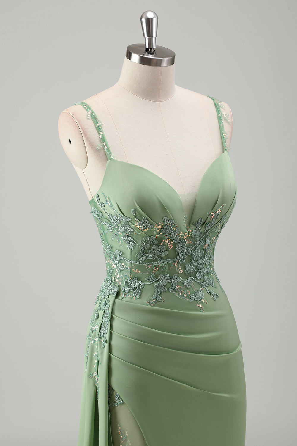 Sparkly Light Green Mermaid Spaghetti Straps Appliques Long Prom Dress With Slit