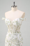Light Green Mermaid Off the Shoulder Corset Long Prom Dress with Embroidery