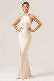 Dark Navy Sheath Halter Long Bridesmaid Dress With Slit