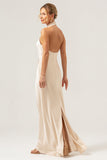 Dark Navy Sheath Halter Long Bridesmaid Dress With Slit