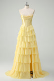 Yellow Sweetheart Ruffled A Line Long Prom Dress