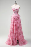 Blue White Flower A-Line Sweetheart Tiered Long Prom Dress with Slit