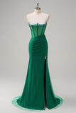 Sparkly Black Mermaid Spaghetti Straps Corset Beaded Long Prom Dress with Slit