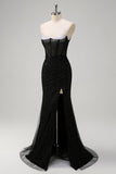 Sparkly Black Mermaid Spaghetti Straps Corset Beaded Long Prom Dress with Slit