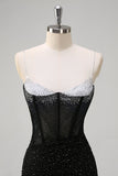 Sparkly Black Mermaid Spaghetti Straps Corset Beaded Long Prom Dress with Slit