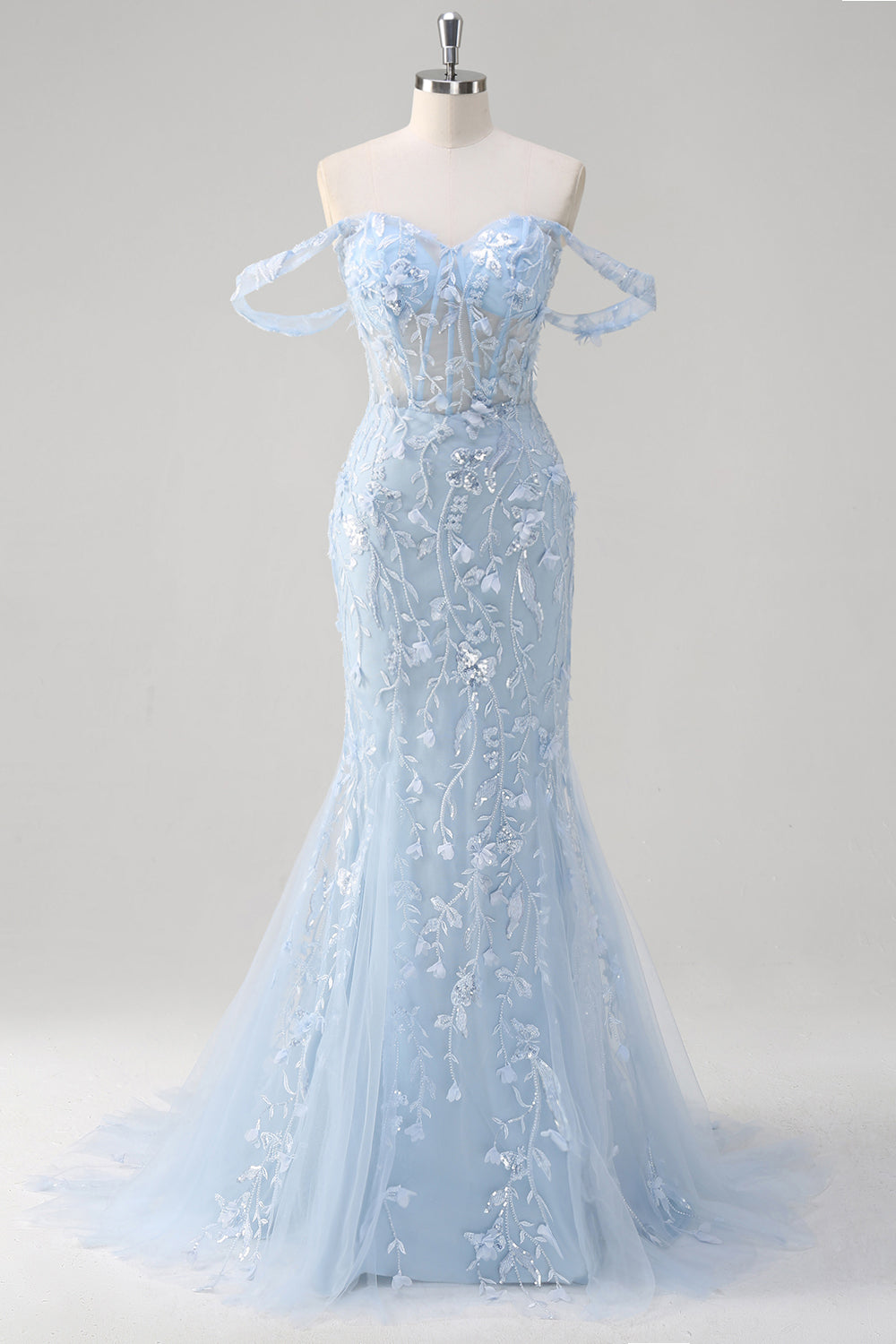 Mermaid Appliqued Off the Shoulder Corset Blue Prom Dress