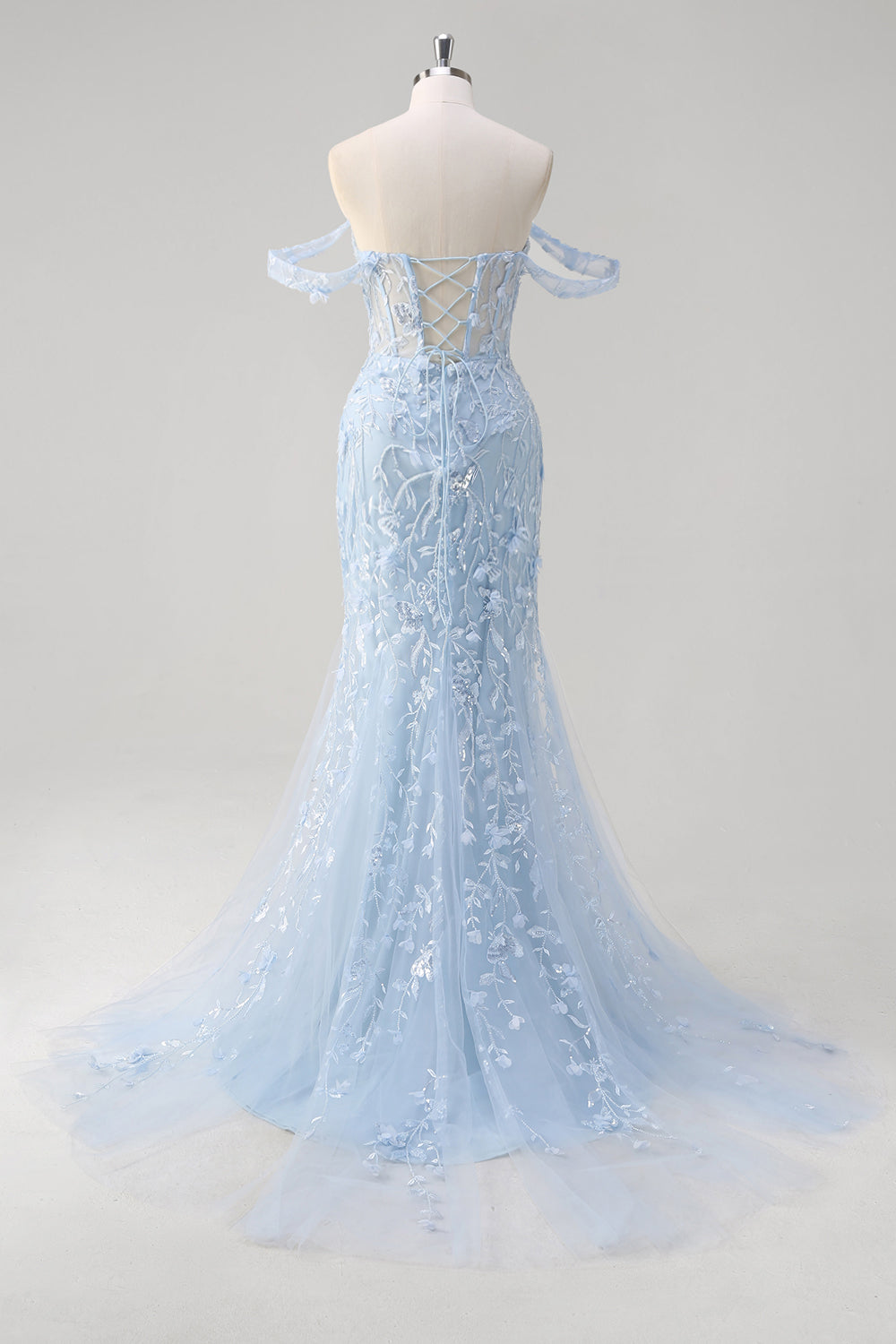 Mermaid Appliqued Off the Shoulder Corset Blue Prom Dress