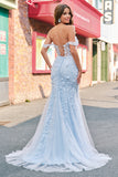 Mermaid Appliqued Off the Shoulder Corset Blue Prom Dress