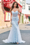 Mermaid Appliqued Off the Shoulder Corset Blue Prom Dress
