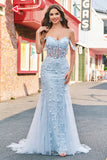 Mermaid Appliqued Off the Shoulder Corset Blue Prom Dress