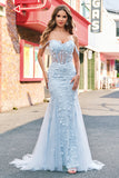 Mermaid Appliqued Off the Shoulder Corset Blue Prom Dress