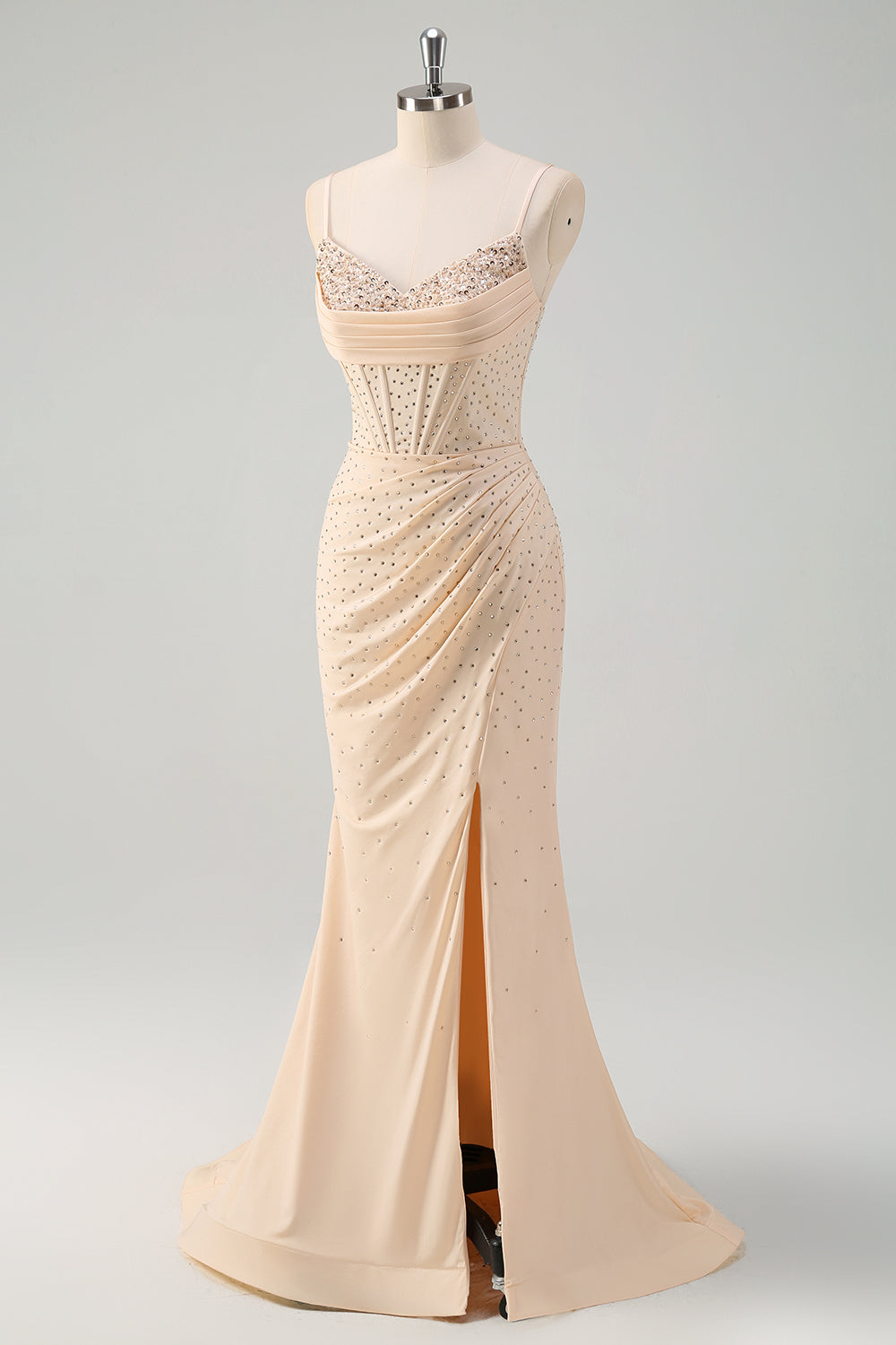 Glitter Yellow Mermaid Spaghetti Straps Beaded Long Corset Prom Dress With Slit