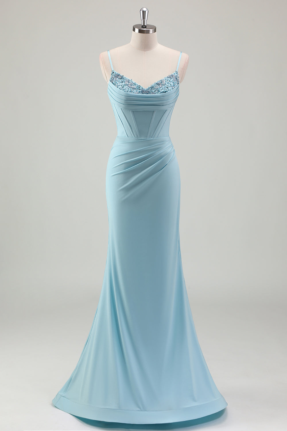 Blue Mermaid Spaghetti Straps Satin Long Corset Prom Dress With Beading