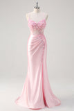 Pink Floral Mermaid Corset Prom Dress with Slit