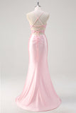 Pink Floral Mermaid Corset Prom Dress with Slit