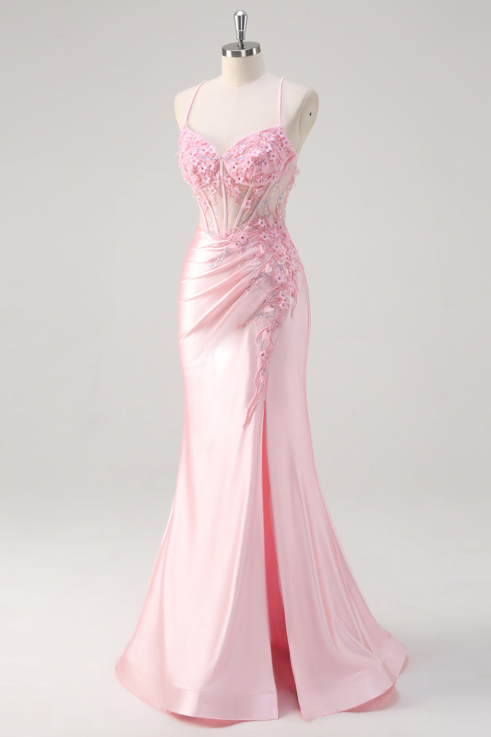 Pink Floral Mermaid Corset Prom Dress with Slit