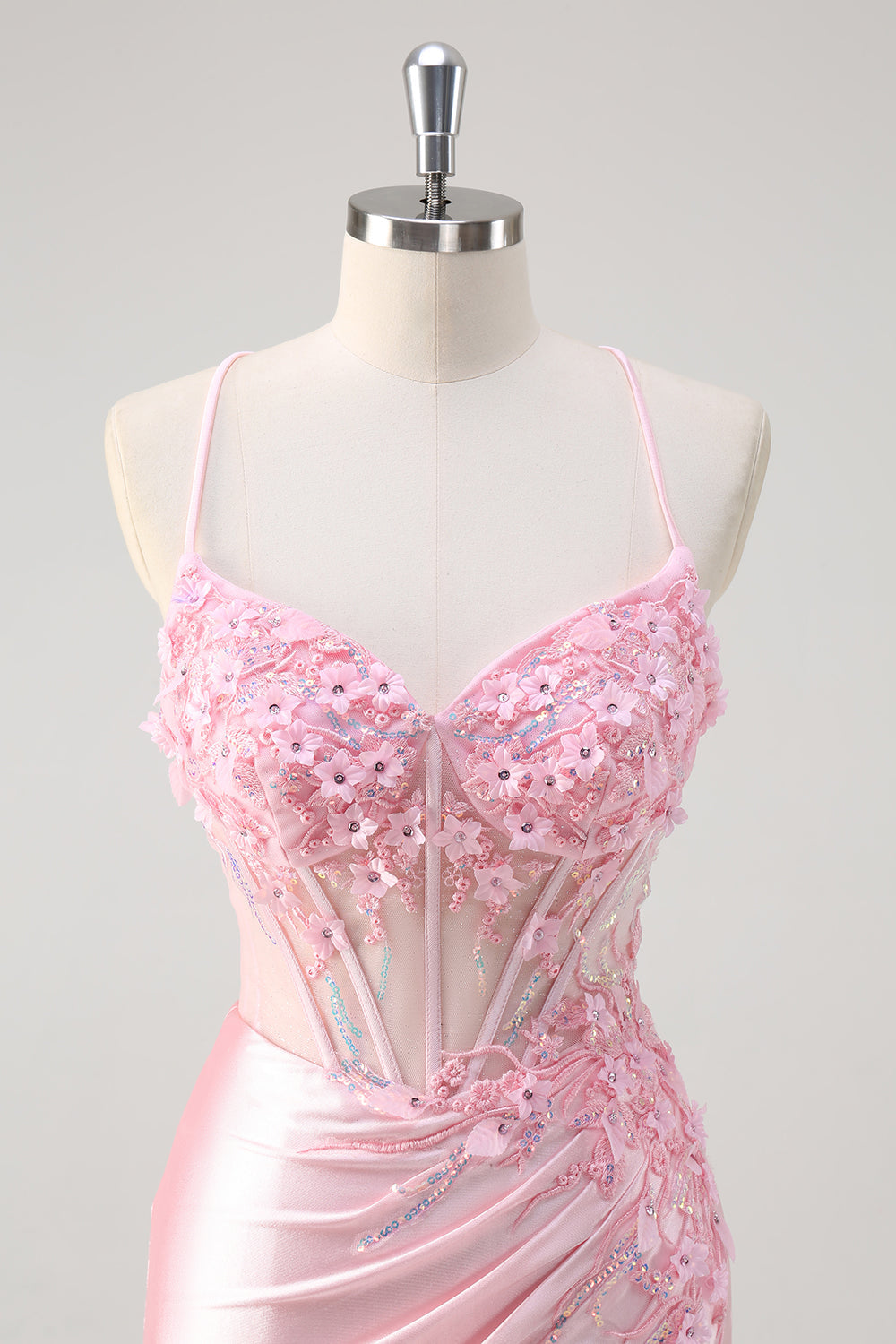 Pink Floral Mermaid Corset Prom Dress with Slit