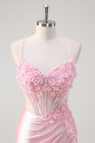 Pink Floral Mermaid Corset Prom Dress with Slit