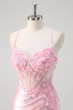 Pink Floral Mermaid Corset Prom Dress with Slit