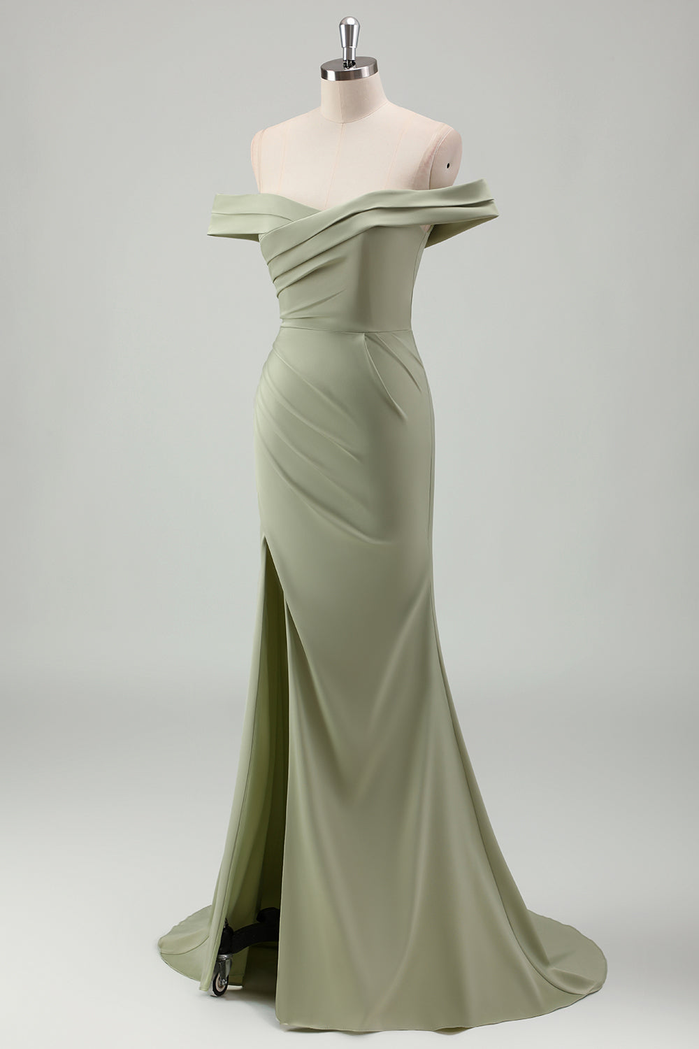 Sage Mermaid Off the Shoulder Ruched Long Prom Dress With Slit
