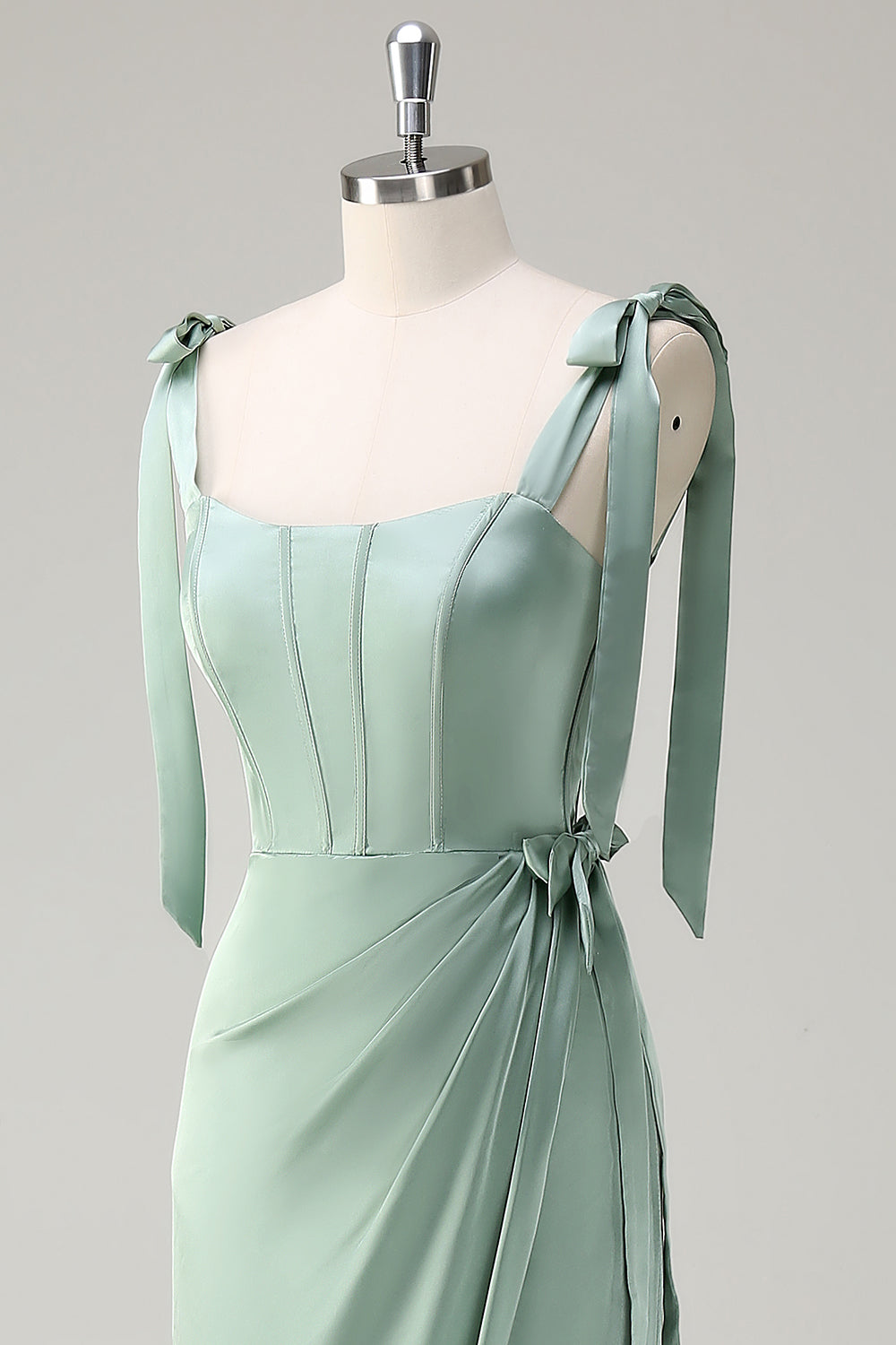 Sage Sheath Bow Tie Straps Corset Long Bridesmaid Dress with Slit
