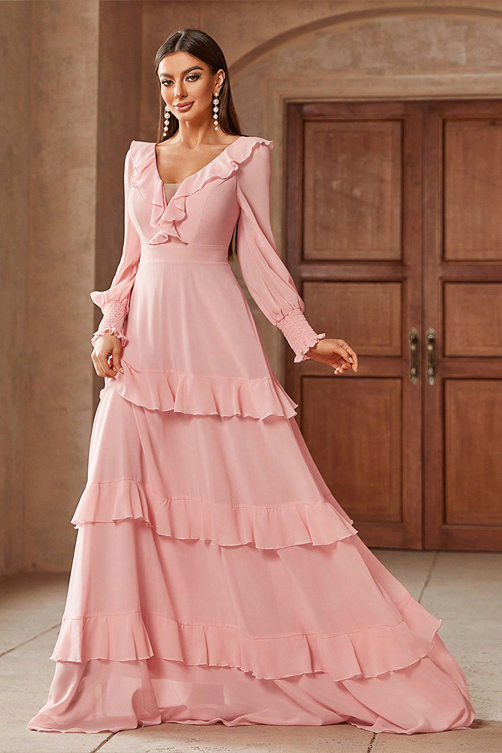 Pink Chiffon V-neck Long Sleeves A-Line Tiered Long Prom Dress