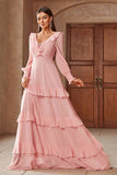 Pink Chiffon V-neck Long Sleeves A-Line Tiered Long Prom Dress