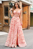 Pink Off The Shoulder A-Line Corset 3D Butterflies Floral Ball Dress with Slit