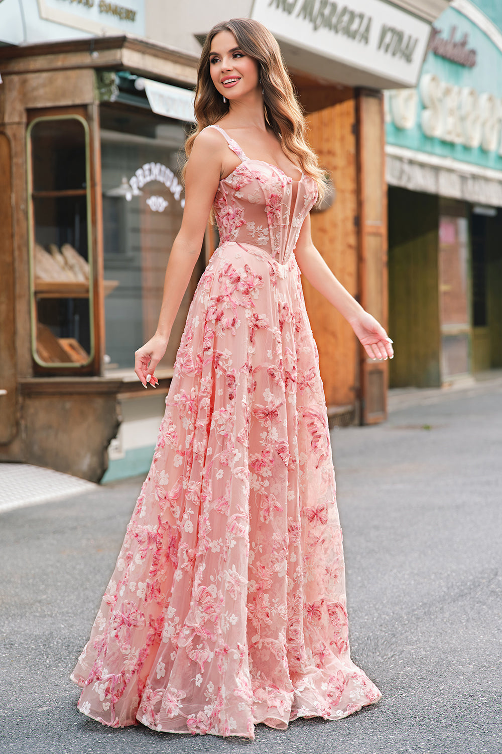Pink Off The Shoulder A-Line Corset 3D Butterflies Floral Ball Dress with Slit