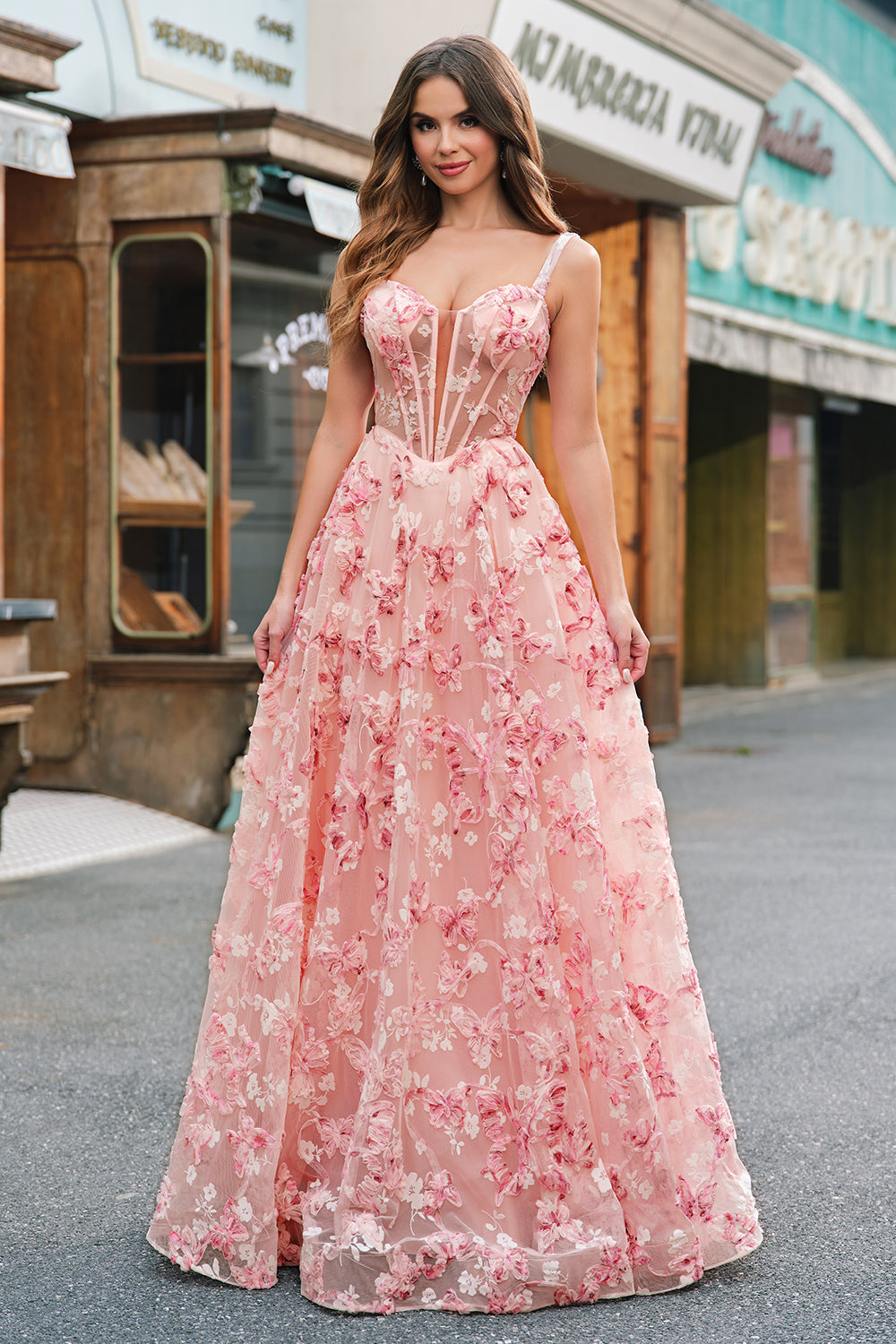 Pink Off The Shoulder A-Line Corset 3D Butterflies Floral Ball Dress with Slit