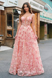 Pink Off The Shoulder A-Line Corset 3D Butterflies Floral Ball Dress with Slit